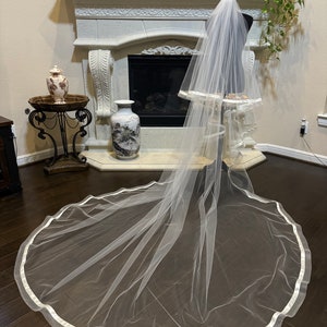 2&quot; horsehair edge ribbon wedding veil with blusher, ivory cathedral wedding veil, 108&quot; full width classic bridal veil