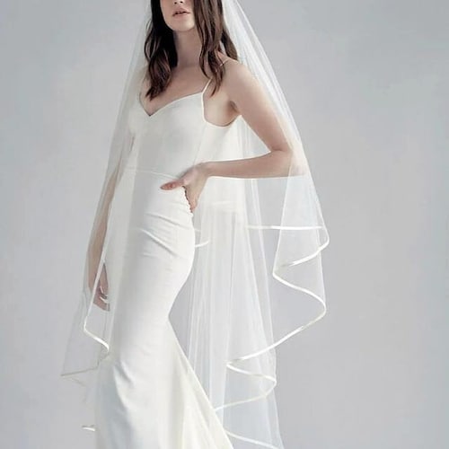 Waterfall Wedding Veil, Satin Trim Cascade Bridal Veil  display picture 3