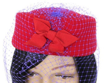 True Vintage Red 100% Wool With Purple Blue Veil and bow lady's retro hat red hat society handmade by SCALA