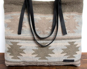 large MURKA black Genuine Leather Native wool rug tapestry Artisan Boho Hippie Shoulder Bag Handbag Tote
