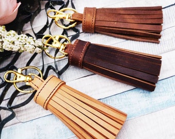 HANDMADE DESIGNER'S color matching beige tan brown thick Genuine Leather 3.5" long fringe tassel Key Bag Purse Charm Fob clip Decor keychain