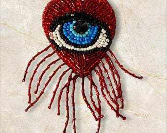Murka designer's hand Beaded Red heart Blue evil eye brooch pin medium size