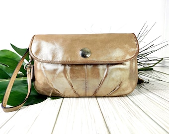 Authentic COACH Gold bronze metallic Genuine Leather medium flap clutch coin make up purse pouch bag vintage