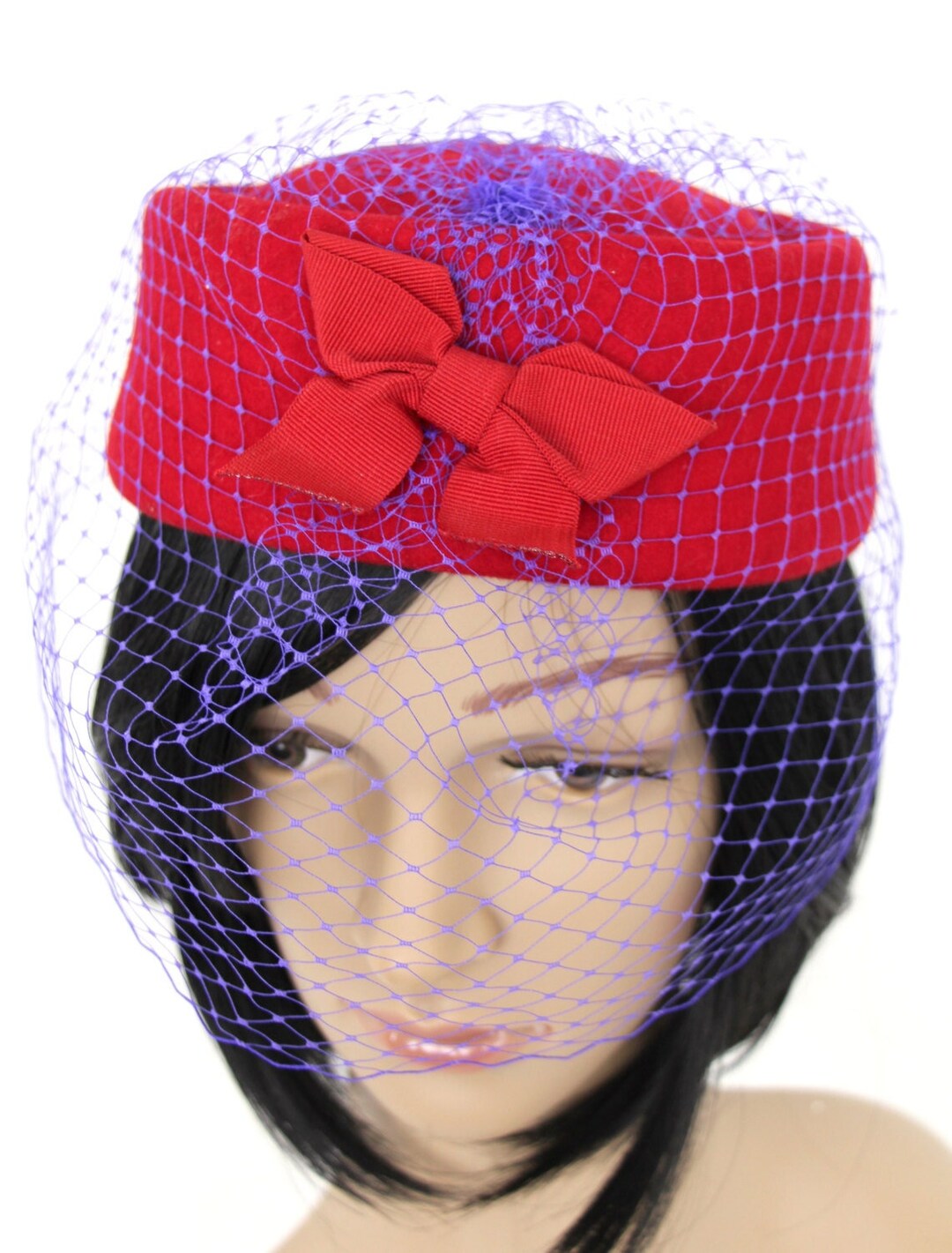 True Vintage Red 100% Wool With Purple Blue Veil and Bow 