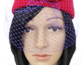 True Vintage Red 100% Wool With Purple Blue Veil and Bow  display picture 2