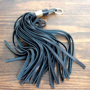 HANDMADE MURKA Black Genuine Leather 10&quot; long fringe tassel Key Bag Purse Charm Fob Ring Decor keychain