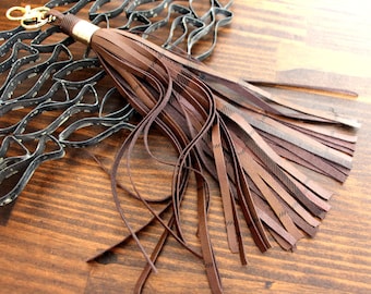 XL HANDMADE MURKA Nova Check Brown Genuine Leather 9" long fringe tassel Key Bag Purse Charm Fob clasp Ring Decor keychain