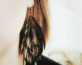 Adorable Handmade MURKA brass gold black leather feather artisan boho earrings 3" long