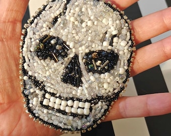 Murka designer's hand beaded White and Black Skull brooch pin Large size Halloween