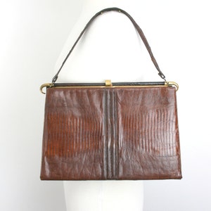 LARGE True Vintage 1950&#39;s Brown Lizard Exotic genuine leather gold tone hard frame Evening Handbag Purse Clutch