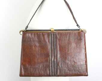 LARGE True Vintage 1950's Brown Lizard Exotic genuine leather gold tone hard frame Evening Handbag Purse Clutch