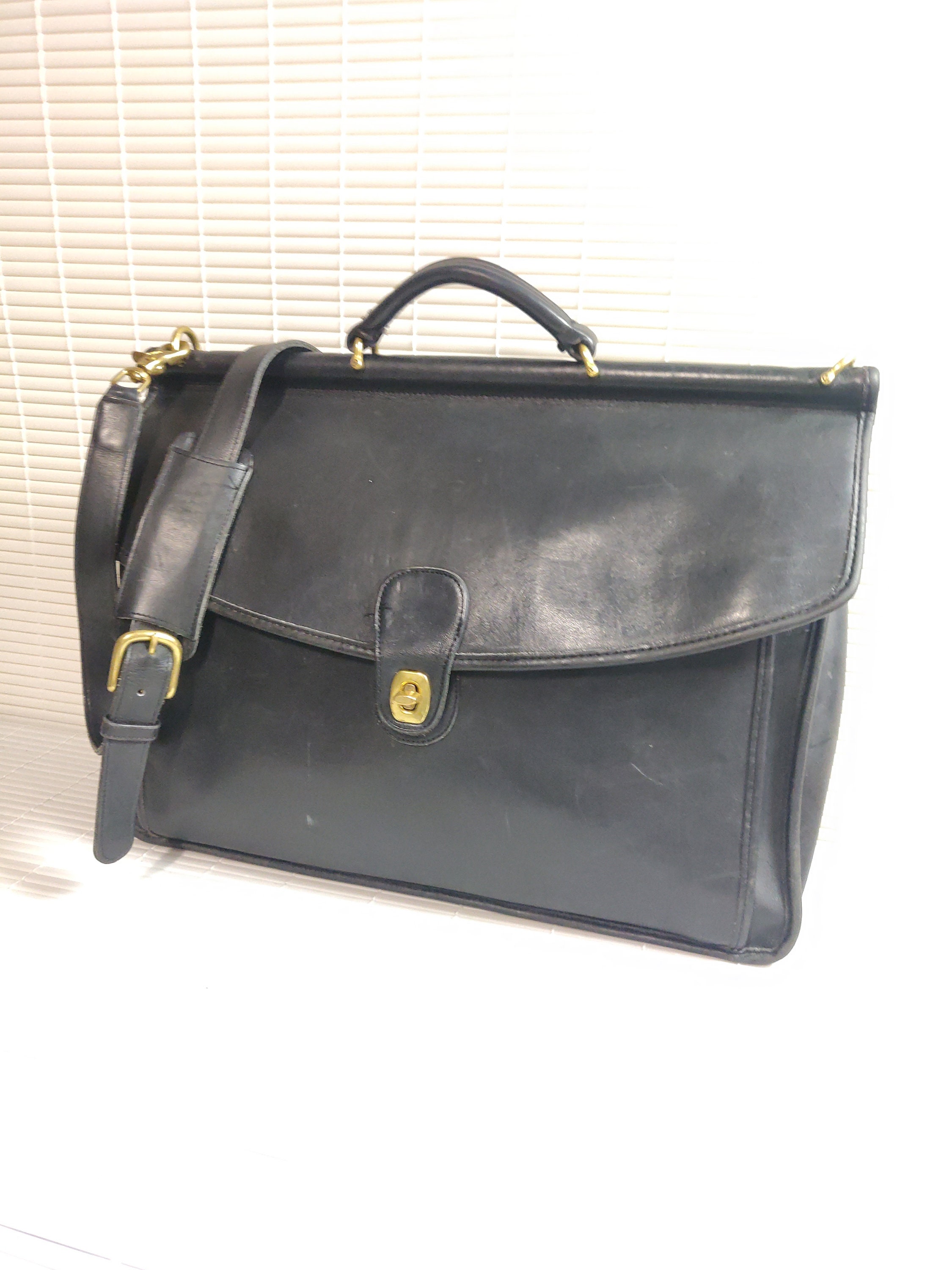 Authentic COACH Black Genuine Leather Flap Briefcase Cross Body