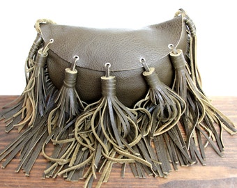 MURKA FRINGE MANIA HandMade scottish pouch 5 tassel marble green Genuine Leather Artisan Boho XBody Shoulder Bag Handbag Purse Messenger