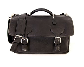 Authentic COACH DISTRESSED Black Genuine Leather flap briefcase cross body shoulder bag messenger vintage