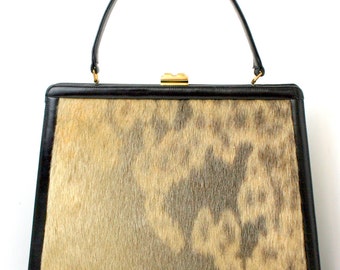 LARGE True Vintage 1950's WALTER KATTEN Black genuine leather Real Fur gold tone hardframe doctor Handbag Purse Sathel Pocketbook