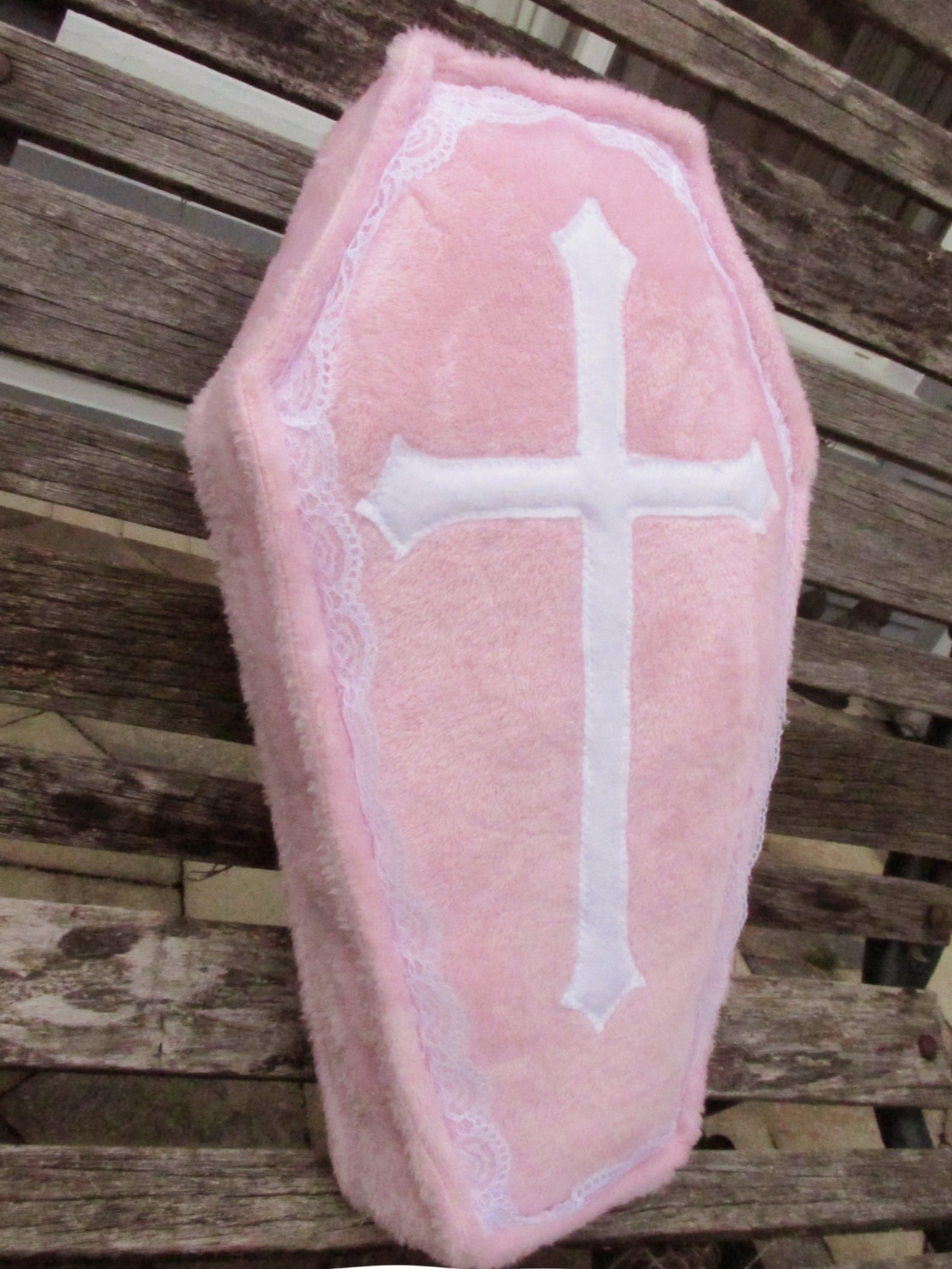 Baby Pink Fleece Coffin Pillow With White Cross and Lace Goth Etsy