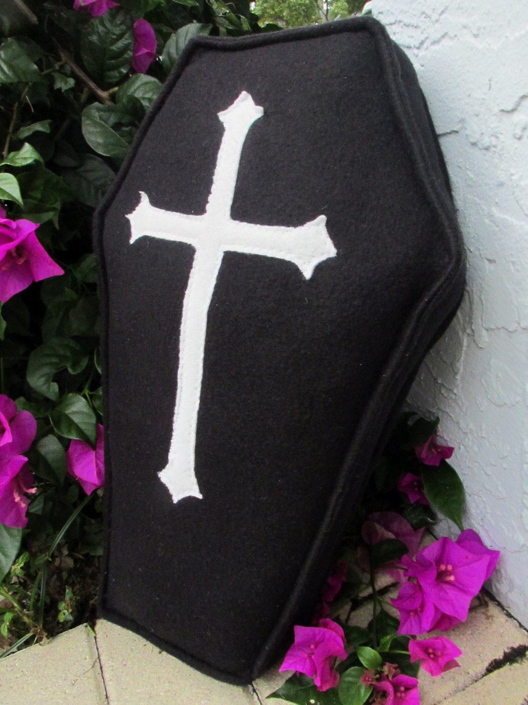 Black Fleece Coffin Pillow With White Cross Design Goth Spooky Etsy