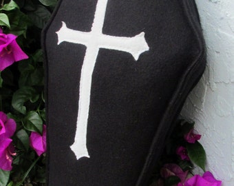Black Fleece Coffin Pillow with White Cross Design Goth Spooky Great For Halloween