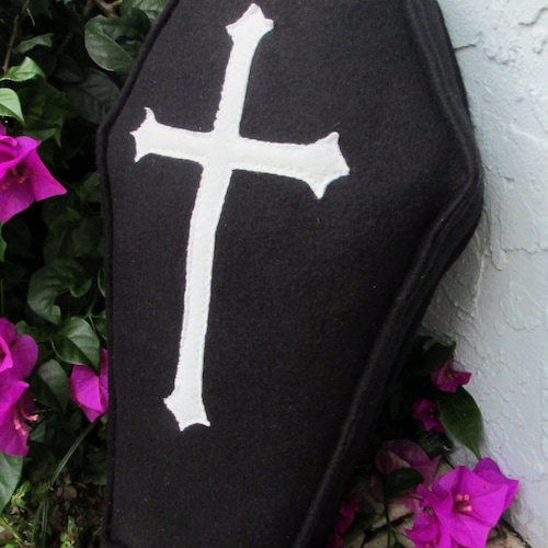 Black Fleece Coffin Pillow with White Cross Design Goth Spooky Great For Halloween