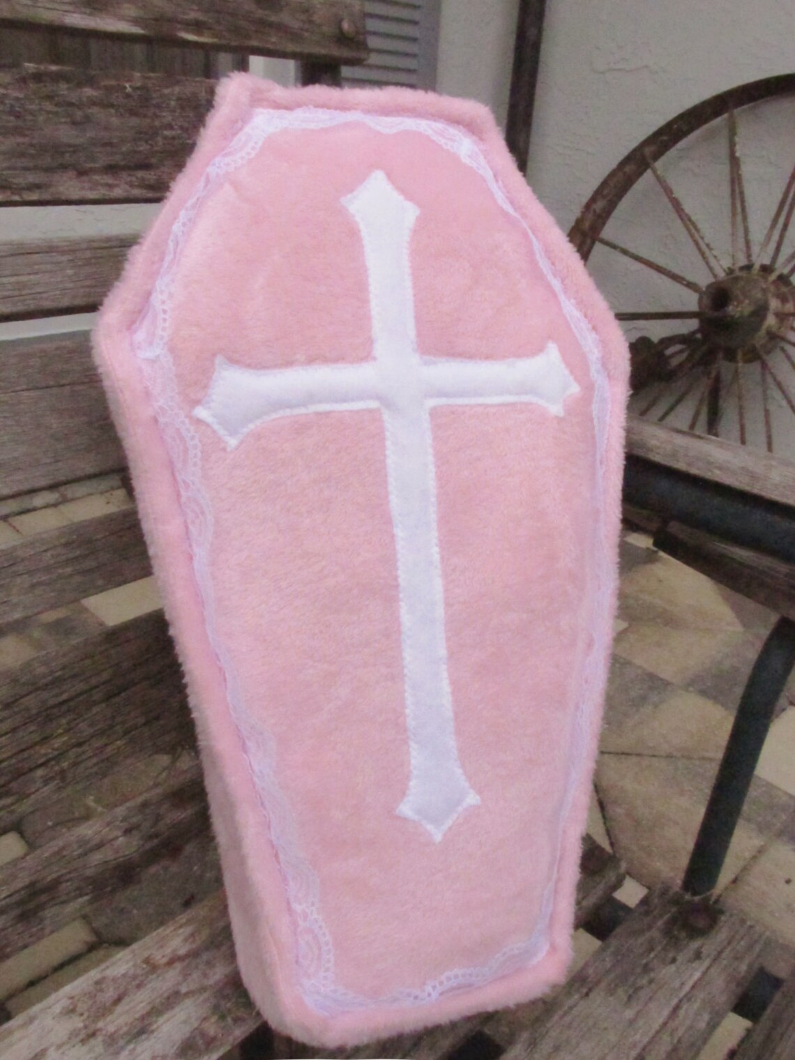 Baby Pink Fleece Coffin Pillow With White Cross and Lace Goth Etsy