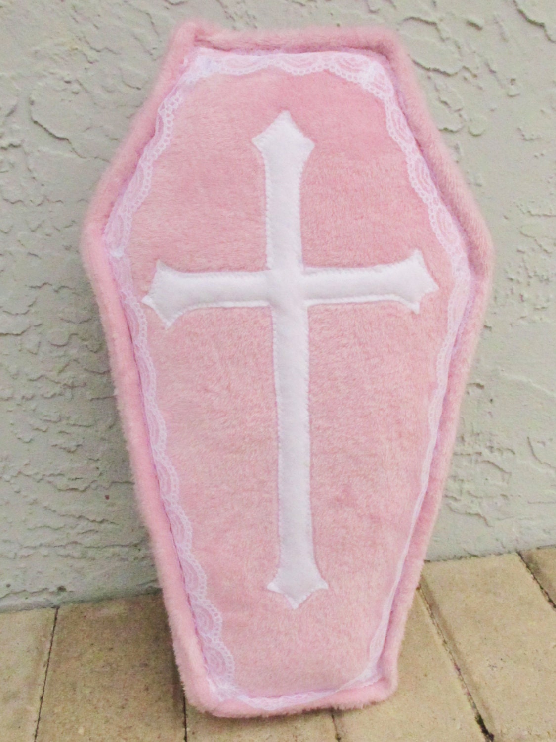 Baby Pink Fleece Coffin Pillow With White Cross and Lace Goth Etsy