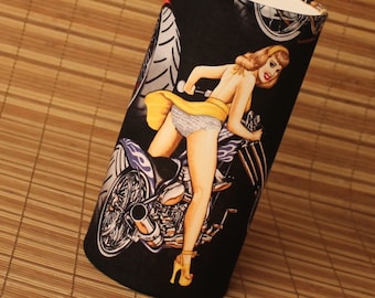 Motorcycle pinup girl in yellow mini skirt pin up table lamp