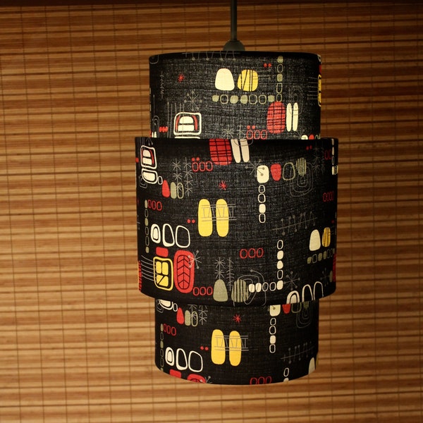 Retro black beatnick barkcloth 3 tier hanging fixture.  BBF