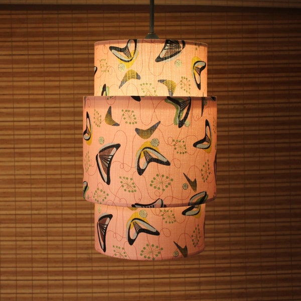 Retro pink boomerang barkcloth 3 tier hanging fixture.  PBF