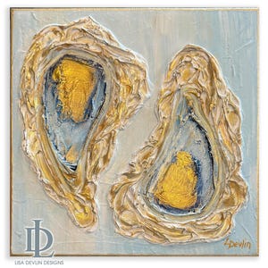 Textured Oyster Painting, Gold Accent, Mixed Media Canvas
