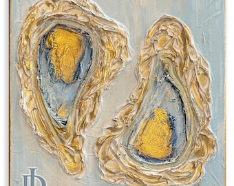 Textured Oyster Painting, Gold Accent, Mixed Media Canvas