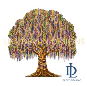 May include: An illustration of a tree adorned with strands of colorful beads in shades of gold, green, purple, and yellow. The tree trunk and branches are a warm brown color. The image includes the text "LISA DEVLIN DESIGNS" and a logo.