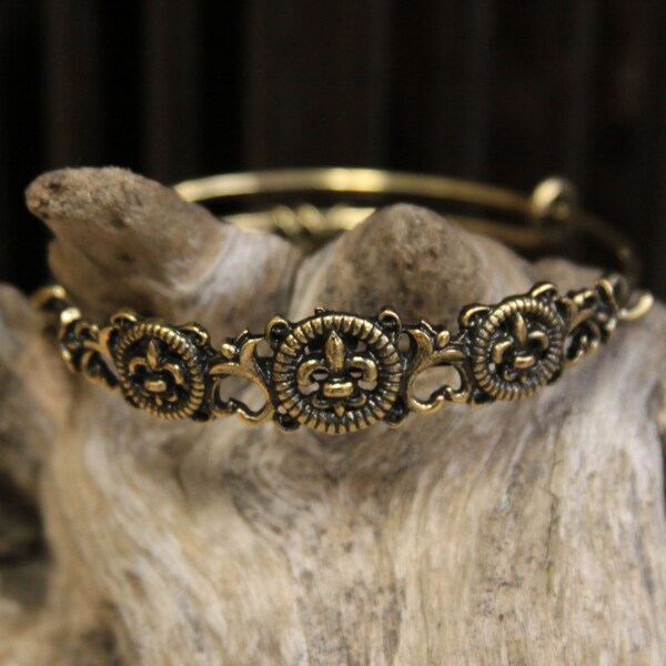 Fleur De Lis Scroll Bangle Bracelet, Fleur De Lis Bracelet, Adjustable Bracelet, Lisa Devlin Designs