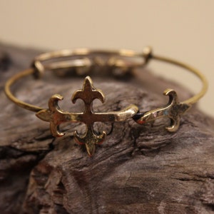 Fleur De Lis Cross Bangle, Adjustable Bracelet, Fleur De Lis, Cross