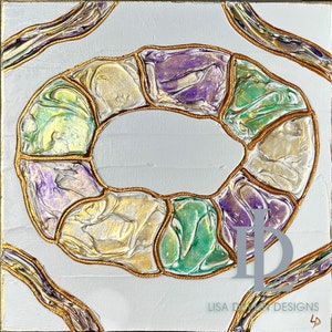 May include: Abstract painting with a circular design in shades of gold, green, purple, and white. The circle is outlined in gold and has a textured, marbled effect. The background is white.