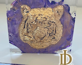 Tiger Head Acrylic Block with Gold Foil - Handmade Desk Decor