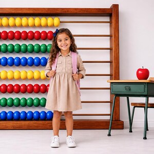 May include: A young girl stands in front of a large wooden abacus with colorful beads. She wears a tan dress, white sneakers, and a pink backpack. A small green desk with a red apple sits nearby, suggesting a school or learning theme.
