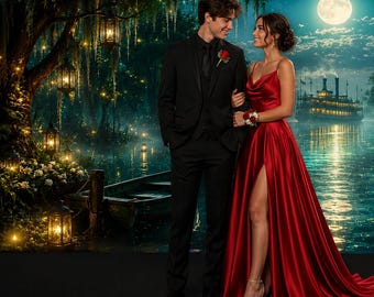 Moonlit Firefly Bayou Riverboat Photography Backdrop, Southern Swamp Princess Scene, Magical Night Fireflies, Louisiana Cajun Princess