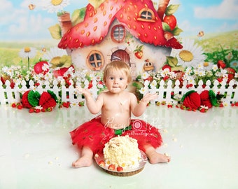 Strawberry House Photography Backdrop, Strawberries Cake Smash, Fresh Picked Shortcake Birthday Theme. Two Sweet
