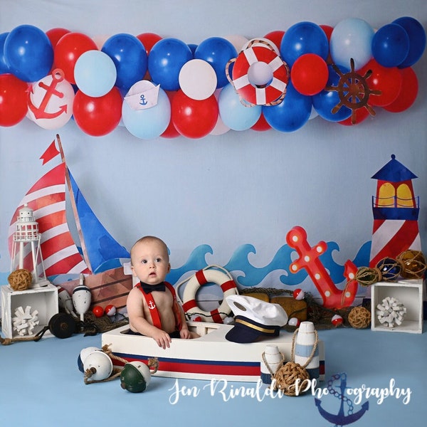 Nautical Photography Backdrop - Balloon Arch, Boats, Anchor, Lighthouse, Fishing, Sailor, Sailboat, Fisherman, Beach, Birthday, Cake Smash