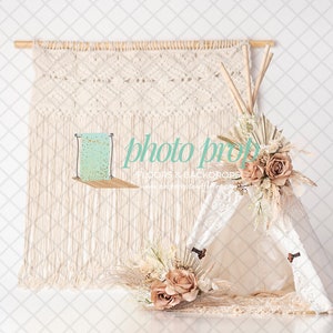 Boho Tepee Photography Backdrop - Teepee, Tent, Hanging Macrame, Chic, Bohemian, Flowers, Floral, Natural Cake Smash Birthday, Pampas