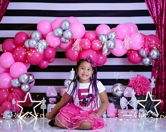 Glamour Photography Backdrop, Girly Cake Smash, Hot Pink and Black, Diamonds and Bows, Disco Balls, Glitz, Fancy Birthday