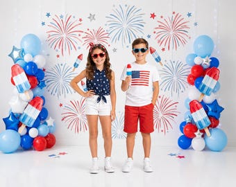 Red White Blue Fireworks Party Backdrop, Patriotic Balloon Garland Photography Background, Independence Day Celebration