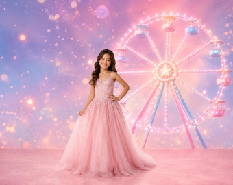 Dreamy Pink Ferris Wheel Photography Backdrop - Pink Sunset, Amusement Park, Carnival, Fair, Big Top, Bokeh Lights