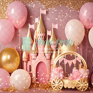 Surreal Gold Castle Photography Backdrop - Carriage, Princess, Sparkling, Pink, Fairytale, Balloons, Cinderella, Queen, Royal One, Enchanted