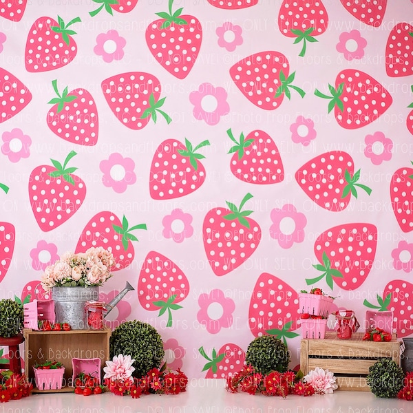 Strawberry Photography Backdrop - Cake Smash, Jars Jam, Strawberries, Two Sweet, Fresh Picked, Stand Farmers Market Birthday Shortcake Fruit