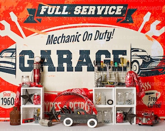 Garage Photography Backdrop - Tools, Vintage, Grease, Gas Station, Auto, Workshop, Dads Garage, Mechanic, Car, Birthday, Cake Smash