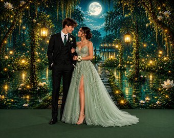 Enchanted Bayou Garden Photography Backdrop, Magical Lantern Pathway, Storybook Louisiana Cajun Princess Theme, Night Garden Fireflies