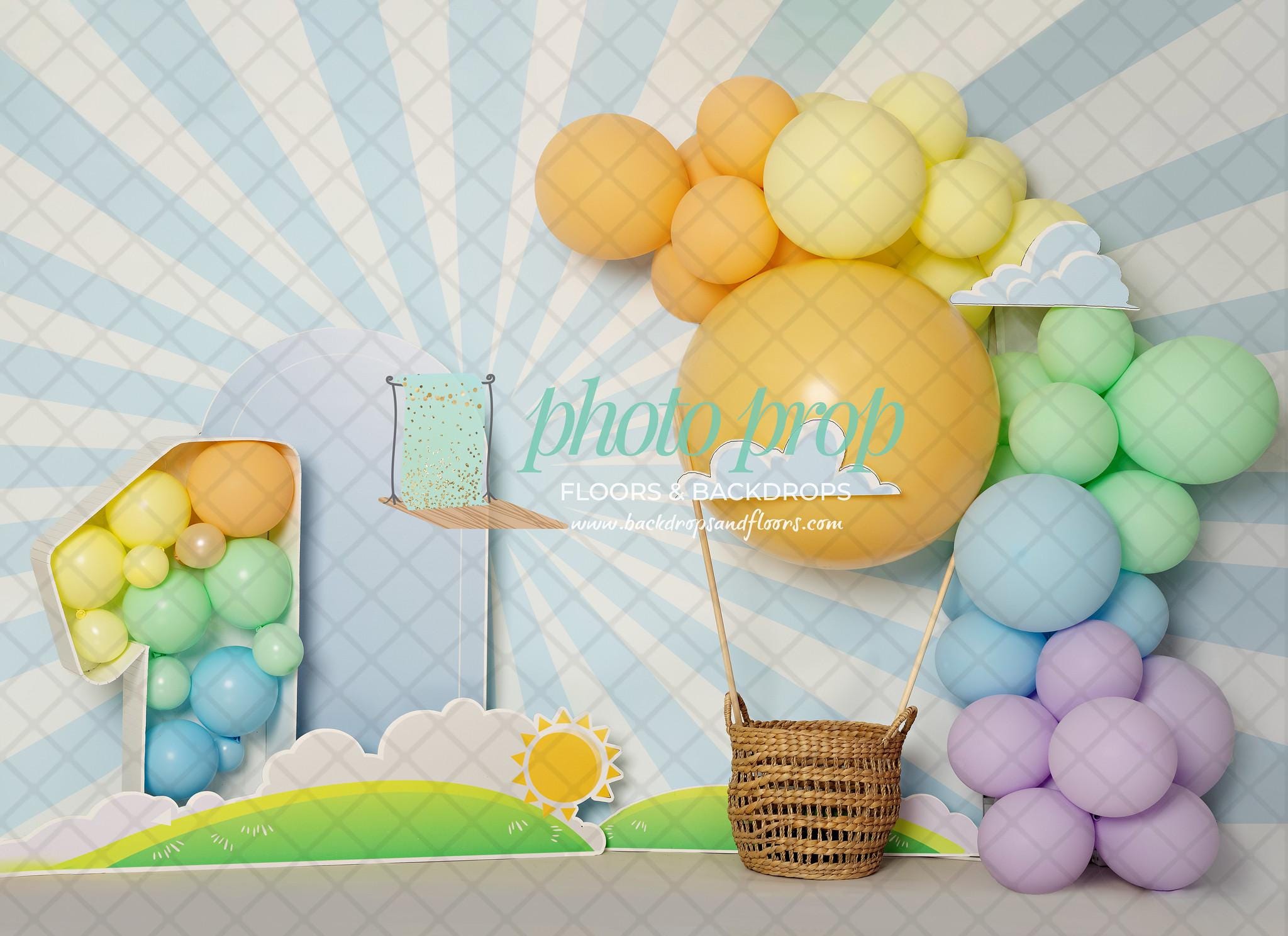 Hot Air Balloon Photography Backdrop - ONE, Puffy Clouds, Sky, Cake ...