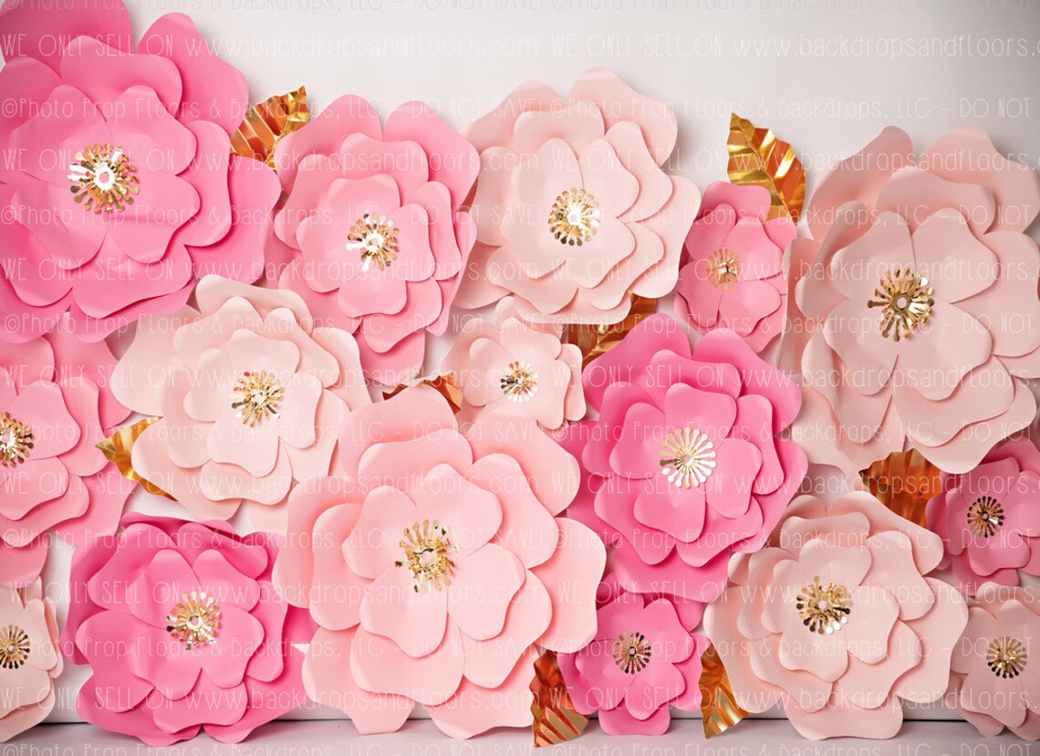 3D Pink and Gold Paper Flowers Photography Backdrop Spring Etsy