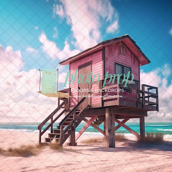 Pink Beach Lifeguard Hut Photography Backdrop - Doll, Surfing, Surf Board, Swimming, Sunbathing, Rich, Malibu, Miami, Cake Smash, Dreamy